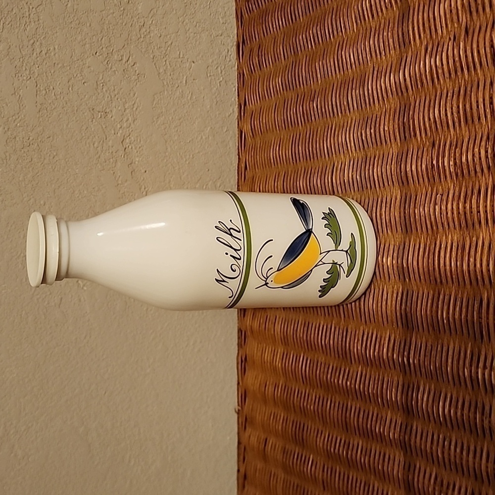Egizia Milk Glass Bottle Italian White with Yellow Bird Vintage
